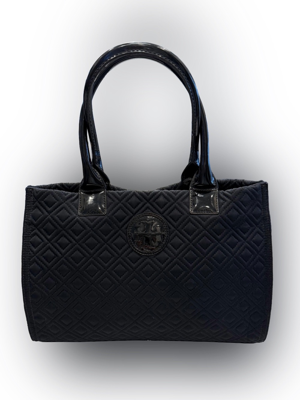 Tory Burch Ella Black Quilted Nylon & Patent Leather Satchel / Tote Bag EUC